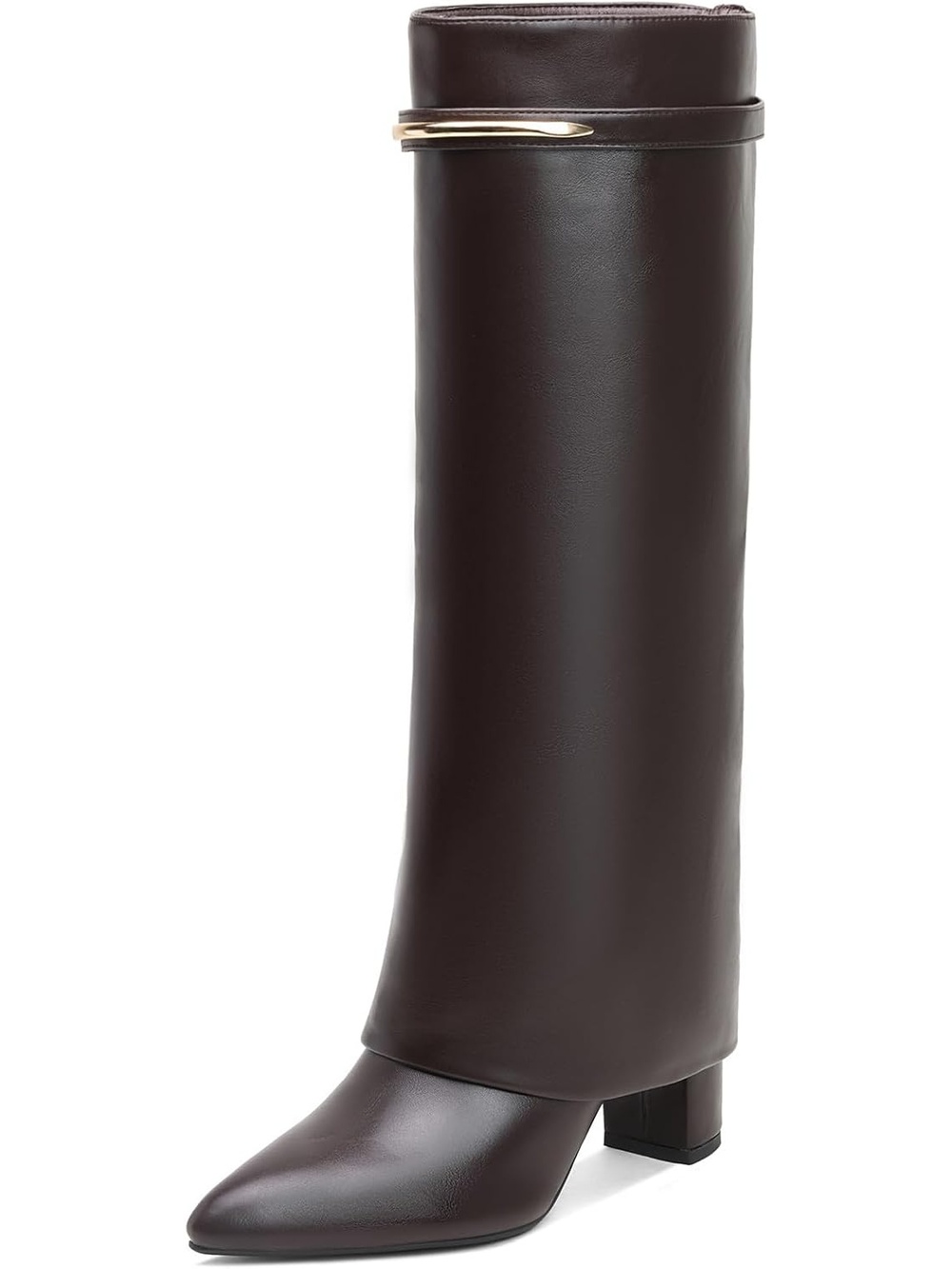 Women's Brown Pu Fold Over Shark Chunky Heel Half Side Zipper Knee High Boots